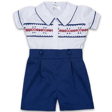 Load image into Gallery viewer, BOY'S " EDWARD" HAND-SMOCKED COTTON FRONT BUTTON BUSTER SUIT. LIMITED
