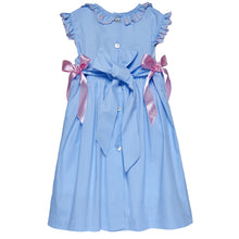 Load image into Gallery viewer, BLUE HAND-SMOCKED " FLEUR DE LIS " HAND EMBROIDERED DRESS.