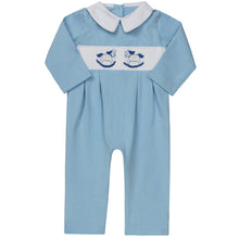 Load image into Gallery viewer, " BLUE HORSIE " HAND-SMOCKED, HAND-EMBROIDERED BABYGROW. LIMITED
