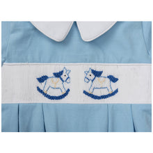 Load image into Gallery viewer, " BLUE HORSIE " HAND-SMOCKED, HAND-EMBROIDERED BABYGROW. LIMITED