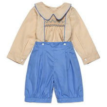 Load image into Gallery viewer, BOYS CREAM & BLUE "ALEXANDER" HAND SMOCKED BUSTER SUIT