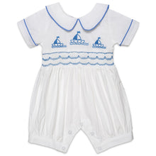 Load image into Gallery viewer, "SHIP AHOY"WHITE HAND-SMOCKED SAIL BOATS BABYSUIT.