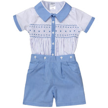Load image into Gallery viewer, "'GENTLEMAN" HAND-SMOCKED BLUE @ WHITE HAND-SMOCKED BUSTER SUIT.LIMITED.