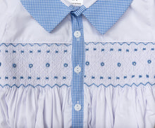 Load image into Gallery viewer, "'GENTLEMAN" HAND-SMOCKED BLUE @ WHITE HAND-SMOCKED BUSTER SUIT.LIMITED.