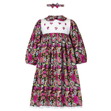 Load image into Gallery viewer, GIRLS HAND SMOCKED PURE COTTON PAISLEY DRESS+HEADBAND SET. CLEARANCE