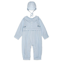 Load image into Gallery viewer, BABY BOY'S BLUE TRADITIONAL LONGALL ROMPER & MATCHING HAT OUTFIT