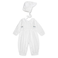 Load image into Gallery viewer, BABY BOY'S WHITE TRADITIONAL LONGALL ROMPER & MATCHING HAT OUTFIT