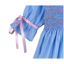 Load image into Gallery viewer, " RIBBONS @ BOW " HAND-SMOCKED 3/4 SLEEVES BLUE DRESS. LIMITED