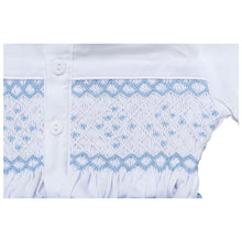 Load image into Gallery viewer, " BASILE " WHITE & AQUA BLUE HAND-SMOCKED BUSTER SUIT. LIMITED