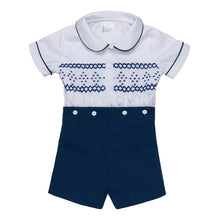 Load image into Gallery viewer, " NICKY " WHITE & NAVY BLUE HAND-SMOCKED BUSTER SUIT. LIMITED