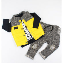 Load image into Gallery viewer, BABY BOYS " LITTLE TOURIST " YELLOW PADDED GILET, TOP @ BOTTOM 3 PIECE SET