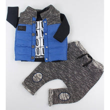 Load image into Gallery viewer, BABY BOYS " LITTLE TOURIST " BLUE PADDED GILET, TOP @ BOTTOM 3 PIECE SET