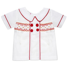 Load image into Gallery viewer, BOYS RED & WHITE "GEORGE" HAND SMOCKED BUSTER SUIT