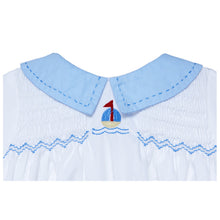 Load image into Gallery viewer, BABY BOYS "ADMIRAL " WHITE HAND-SMOCKED ROMPER.