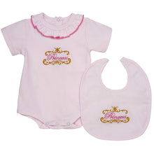 Load image into Gallery viewer, BABY GIRLS "PRINCESS" EMBROIDERED BODYSUITS AND MATCHING BIB SET.