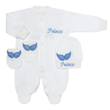 Load image into Gallery viewer, BABY BOYS " ANGEL WINGS " BABYGROW, HAT & MITTENS GIFT SET. HANDMADE. LIMITED