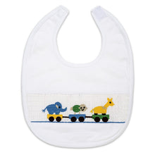 Load image into Gallery viewer, "ANIMAL TRAIN" BABY BOYS WHITE SMOCKED BABYGROW & BIB SET 0-3 MONTHS