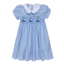 Load image into Gallery viewer, " SIMONA " BLUE & WHITE STRIPED HAND-SMOCKED DRESS. LIMITED