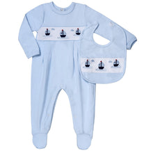 Load image into Gallery viewer, BLUE PIMA COTTON "SAILBOAT" BABYGROW @ BIB SET