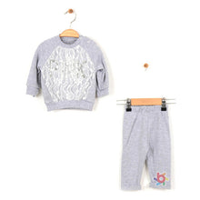 Load image into Gallery viewer, LACE AND SEQUINS " GOOD TIMES " GLAMOUR GREY TOP @ TROUSES BABY SET