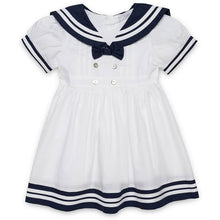 Load image into Gallery viewer, BABY GIRLS WHITE & NAVY COTTON SAILOR DRESS.