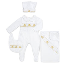 Load image into Gallery viewer, "ROYAL CROWN" BABY WHITE VELOUR 4 PIECE SMOCKED SET