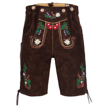 Load image into Gallery viewer, Men's costumes short-leather pants with attractive flora and fauna embroidery and removable suspenders, dark brown