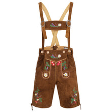 Load image into Gallery viewer, Men's costumes short leather pants with attractive flora and fauna embroidery and removable suspenders, light brown