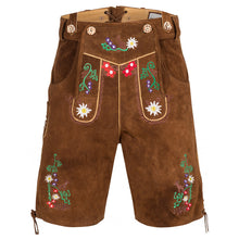 Load image into Gallery viewer, Men's costumes short leather pants with attractive flora and fauna embroidery and removable suspenders, light brown