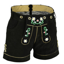 Load image into Gallery viewer, Ladies traditional Lederhosen short made of fine cowhide leather with floral embroidery and heart pocket, black