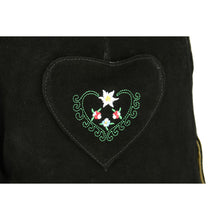 Load image into Gallery viewer, Ladies traditional Lederhosen short made of fine cowhide leather with floral embroidery and heart pocket, black