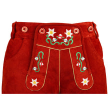Load image into Gallery viewer, Ladies traditional Lederhosen short made of fine cowhide leather with floral embroidery and heart pocket, red