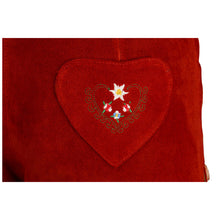 Load image into Gallery viewer, Ladies traditional Lederhosen short made of fine cowhide leather with floral embroidery and heart pocket, red