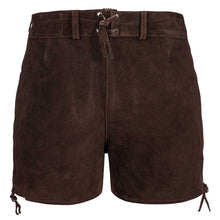 Load image into Gallery viewer, Sexy short ladies leather pants with pink embroidery in traditional brown