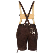 Load image into Gallery viewer, Attractive short leather trousers made of beautiful suede leather with traditional flora-fauna embroidery, brown