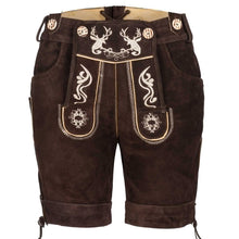 Load image into Gallery viewer, Attractive short leather trousers made of beautiful suede leather with traditional flora-fauna embroidery, brown