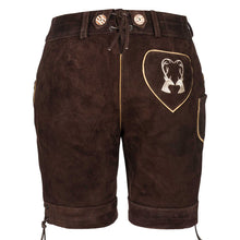 Load image into Gallery viewer, Attractive short leather trousers made of beautiful suede leather with traditional flora-fauna embroidery, brown