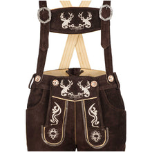 Load image into Gallery viewer, Attractive short leather trousers made of beautiful suede leather with traditional flora-fauna embroidery, brown
