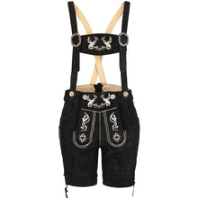 Load image into Gallery viewer, Attractive short ladies leather pants made of beautiful suede leather with traditional flora fauna embroidery, black