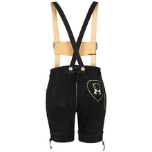 Load image into Gallery viewer, Attractive short ladies leather pants made of beautiful suede leather with traditional flora fauna embroidery, black