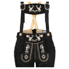 Load image into Gallery viewer, Attractive short ladies leather pants made of beautiful suede leather with traditional flora fauna embroidery, black