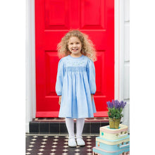 Load image into Gallery viewer, "BLUE BELL" CORDUROY HAND-SMOCKED TRADITIONAL EMBROIDERED DRESS