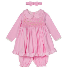 Load image into Gallery viewer, " BELLA ROSA" HAND SMOCKED THREE PIECE DRESS SET