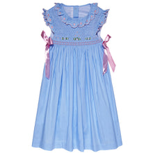 Load image into Gallery viewer, BLUE HAND-SMOCKED " FLEUR DE LIS " HAND EMBROIDERED DRESS.
