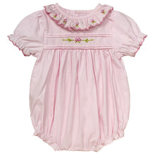 Load image into Gallery viewer, PINK SCALLOPED COLLAR HAND EMBROIDERED BABY ROMPER.
