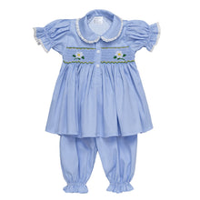 Load image into Gallery viewer, " DAISY " BLUE HAND-SMOCKED TRADITIONAL PYJAMAS SET. LIMITED
