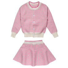 Load image into Gallery viewer, COTTON KNITTED HOUNDSTOOTH PATTERN SKIRT @ CARDIGAN SET
