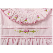 Load image into Gallery viewer, PINK SCALLOPED COLLAR HAND EMBROIDERED BABY ROMPER.
