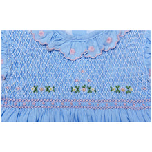 Load image into Gallery viewer, BLUE HAND-SMOCKED " FLEUR DE LIS " HAND EMBROIDERED DRESS.
