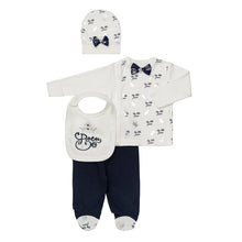 Load image into Gallery viewer, BABY BOYS " TONY " NAVY BLUE BABYSUIT, BIB &amp; HAT SET
